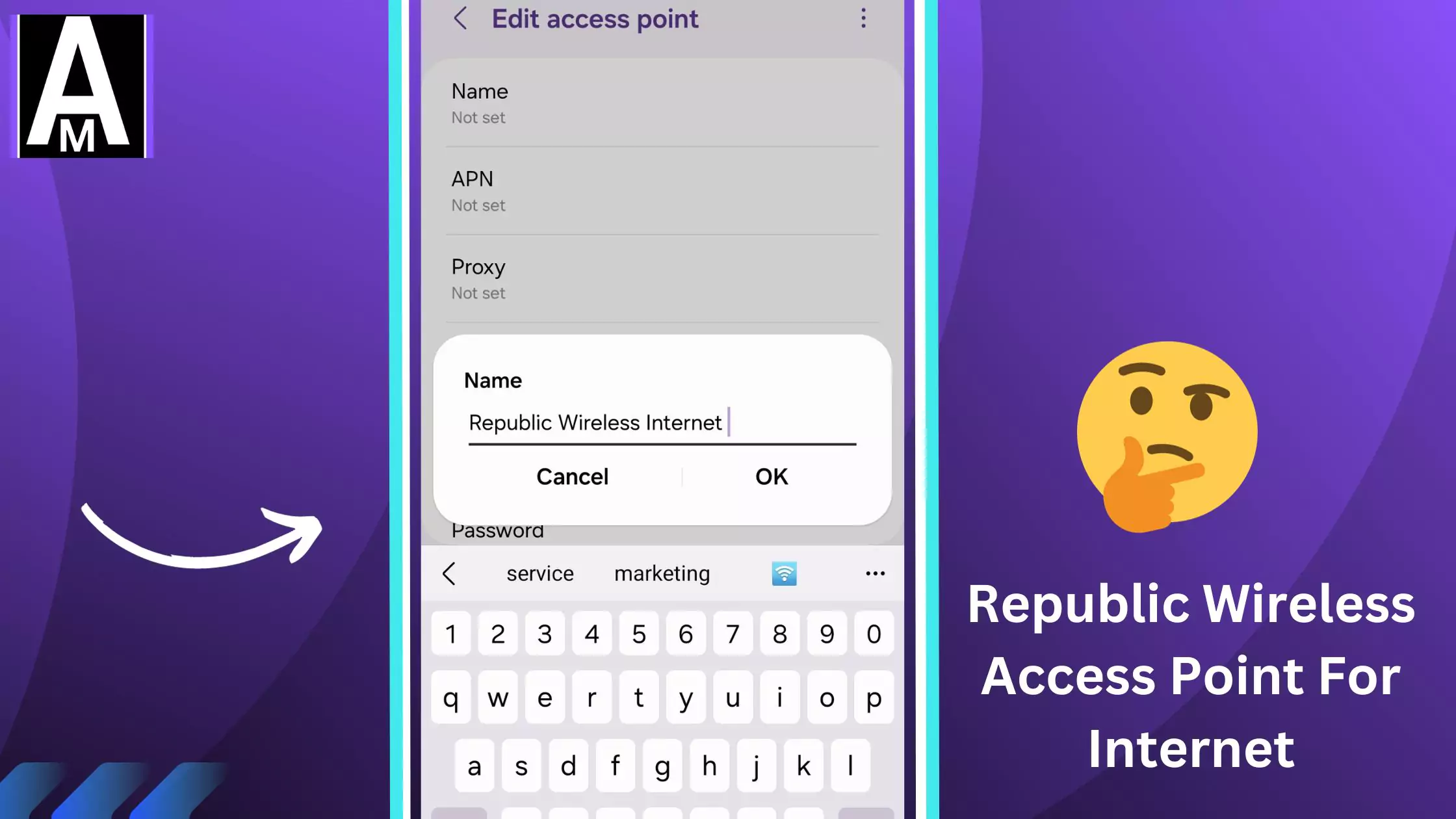 screenshot of editing apn with thinking emoji with overlay text
