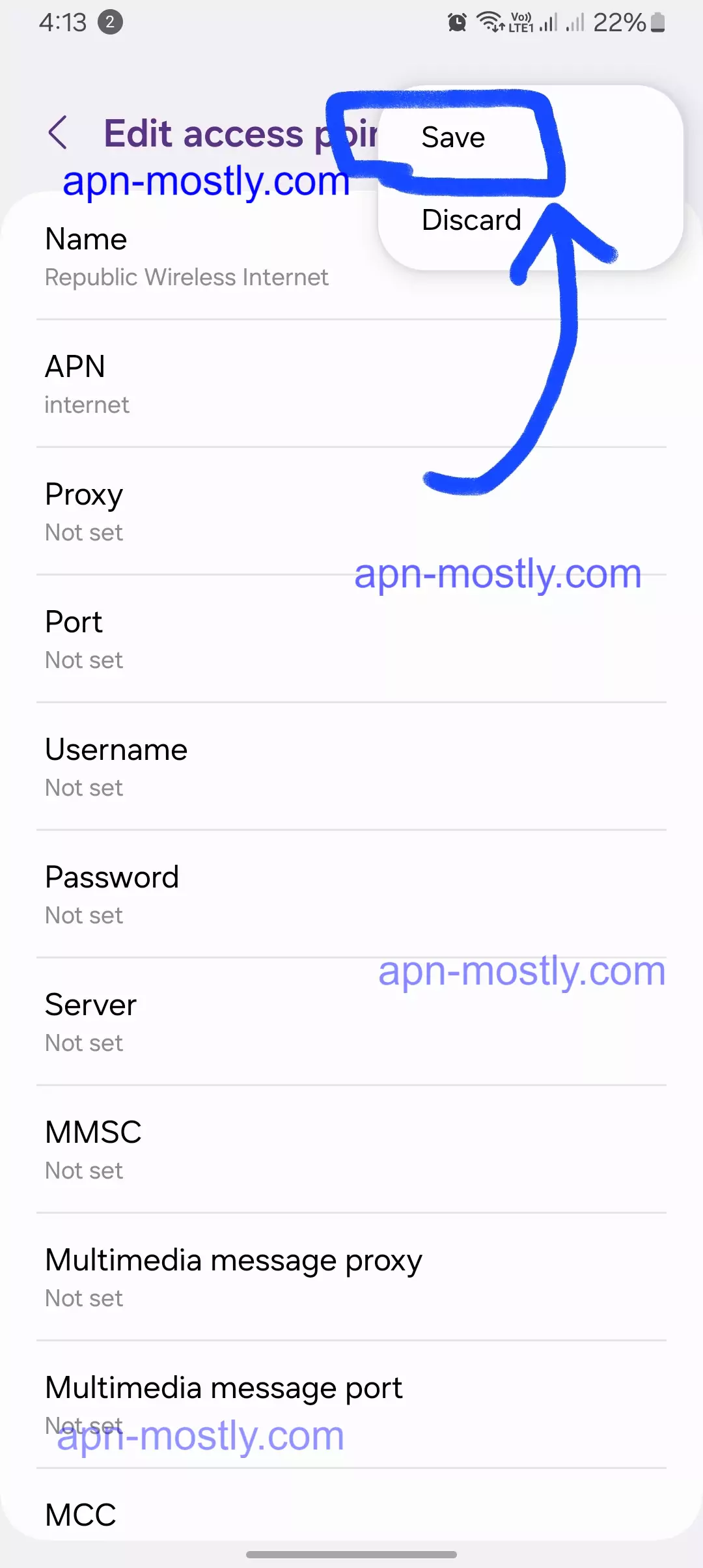 screenshot of saving the republic wireless apn