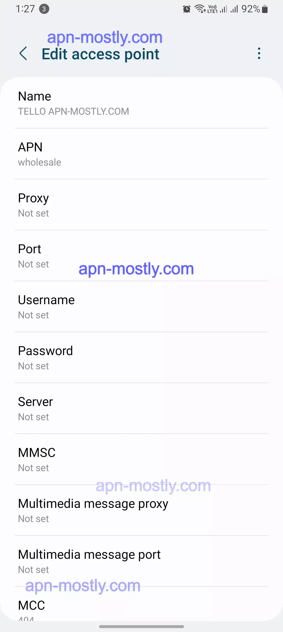 screenshot of switching the apn tello