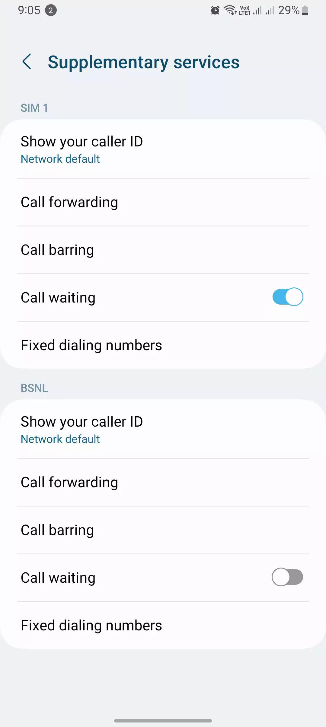 supplementary settings with fixed dialing numbers listed