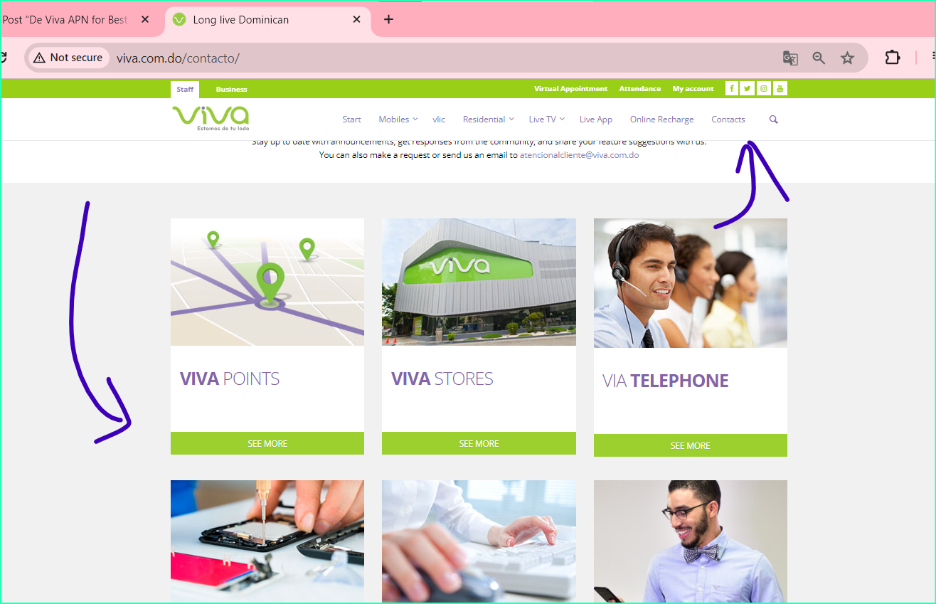 contact page for de viva highlighted from viva.com.do