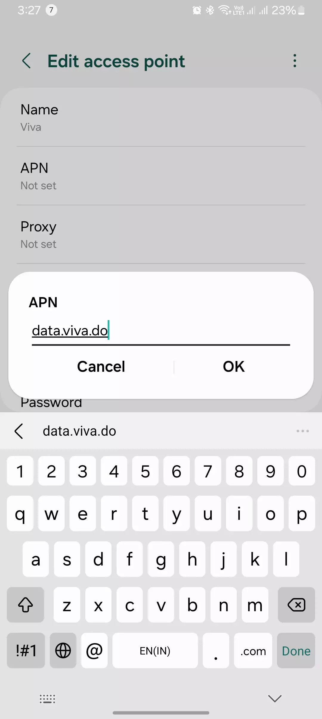screenshot of adding internet settings for de viva data