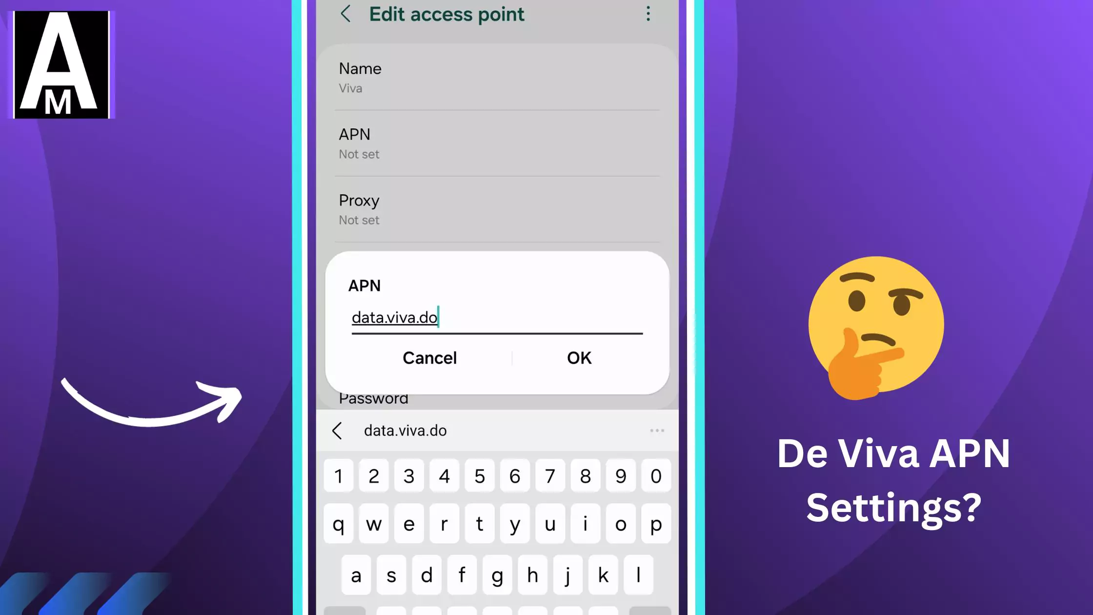 screenshot of editing de viva apn with thinking emoji and some overlay text