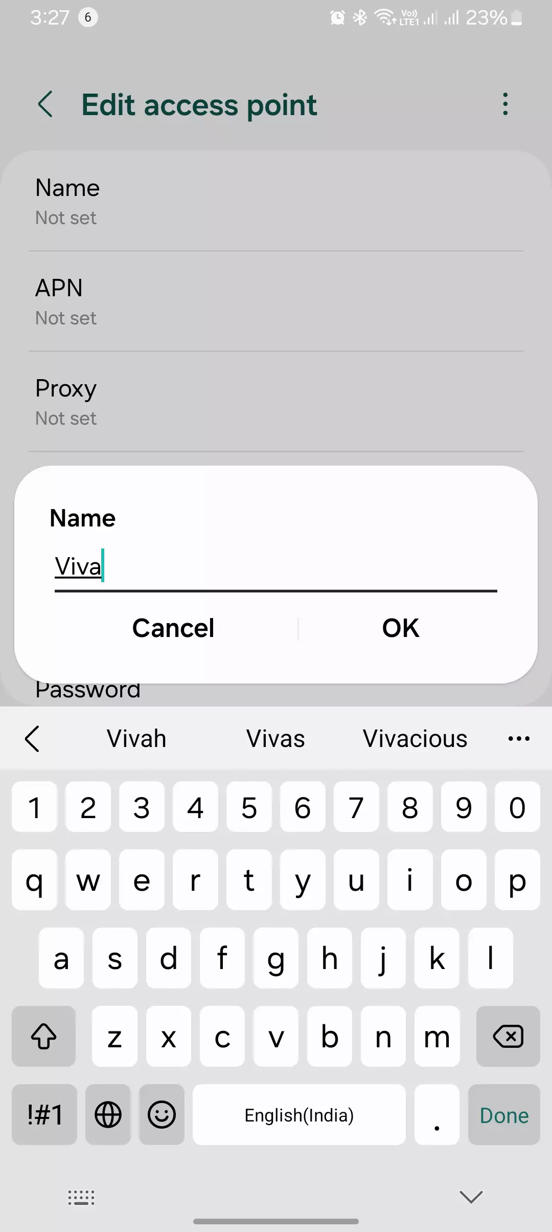 screenshot of naming the Viva APN