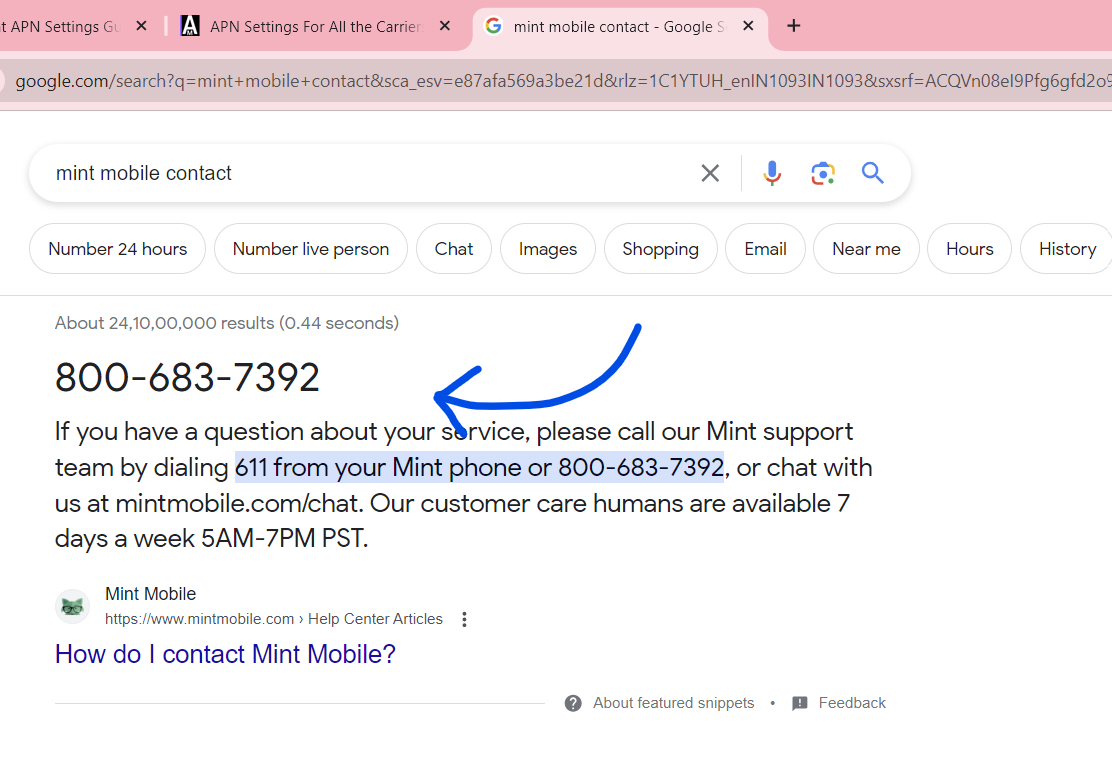 screenshot of mint mobile contact information from google search