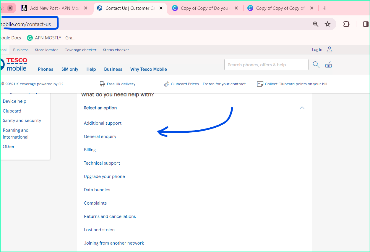 screenshot of tesco mobile contact us from their website with highlighted