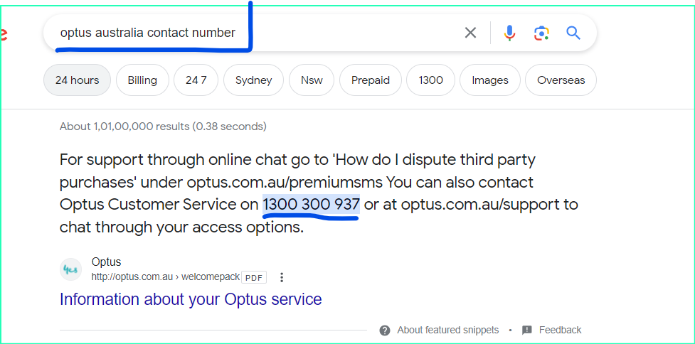 screenshot of google searched for optus Australia contact number