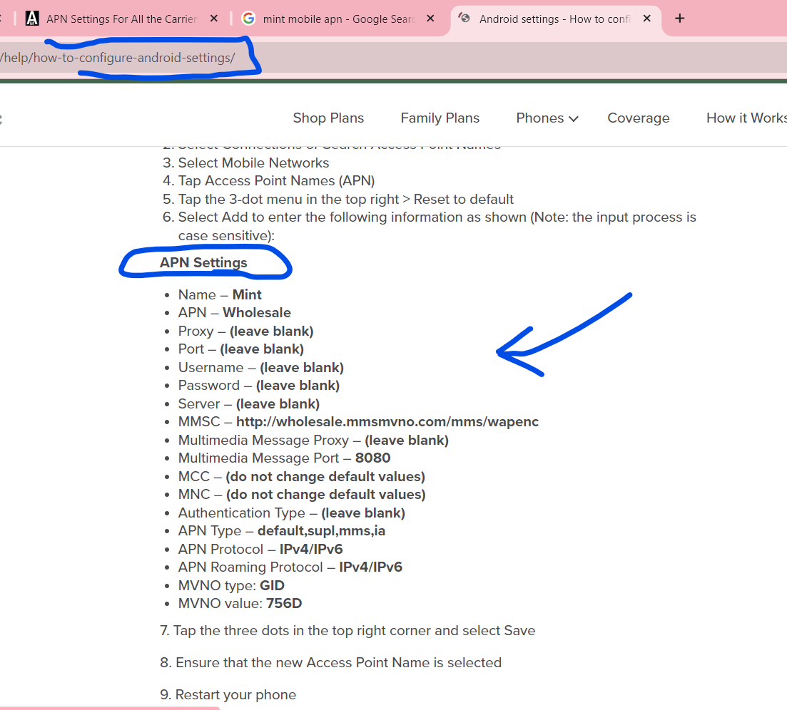 screenshot of apn settings for mint mobile by the mint mobile itself
