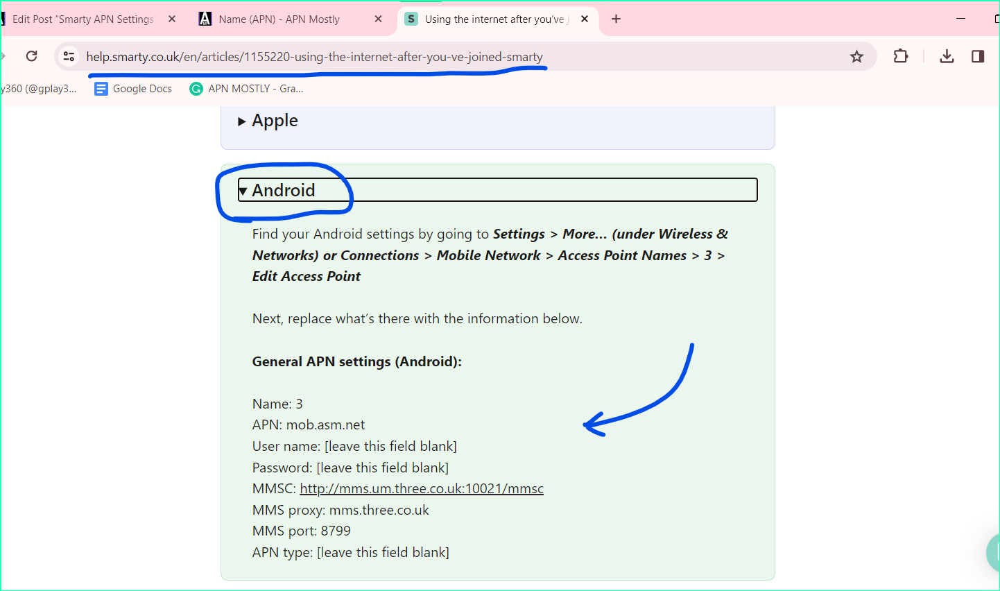 android apn for smarty from their help support site