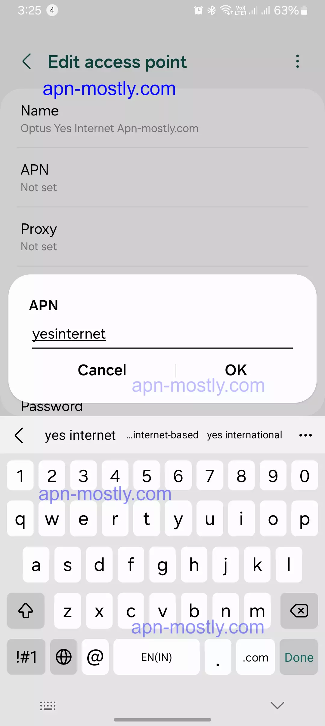 screenshot of adding the apn for optus