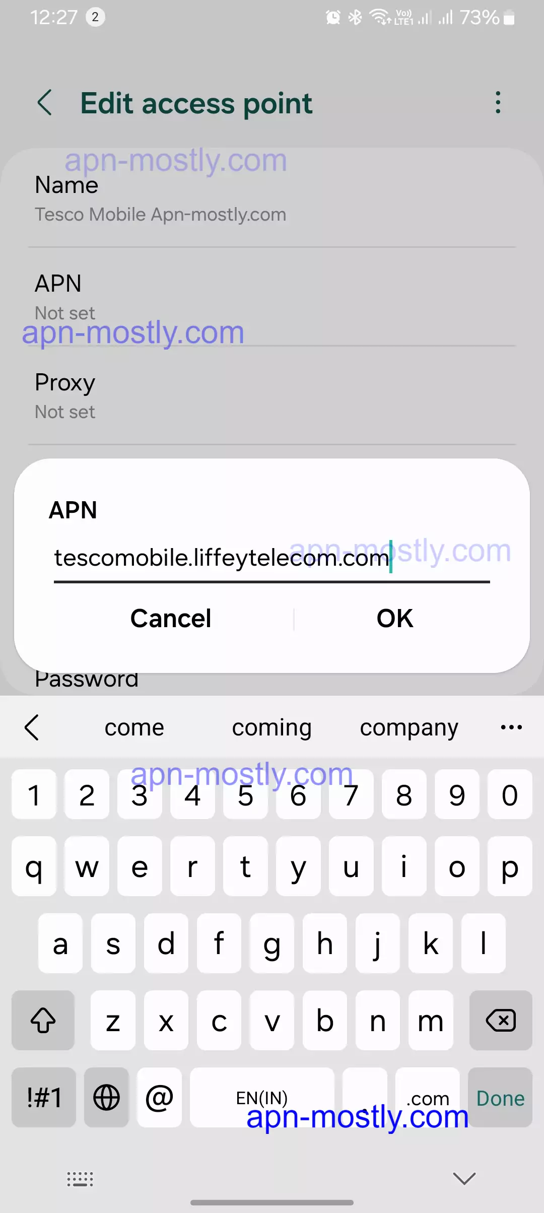 screenshot of adding the details for internet config for tesco mobile