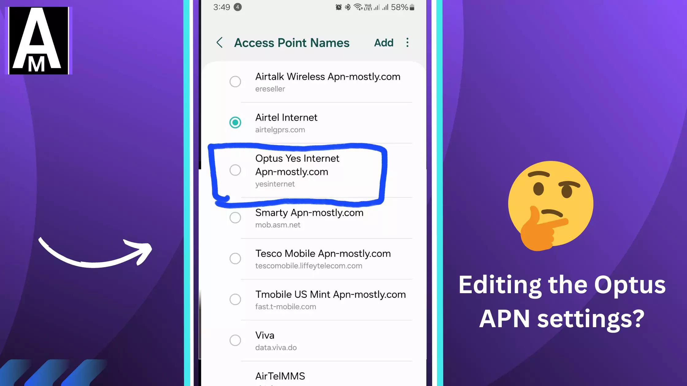 screenshot of editing the optus apn with thinking emoji and overlay text