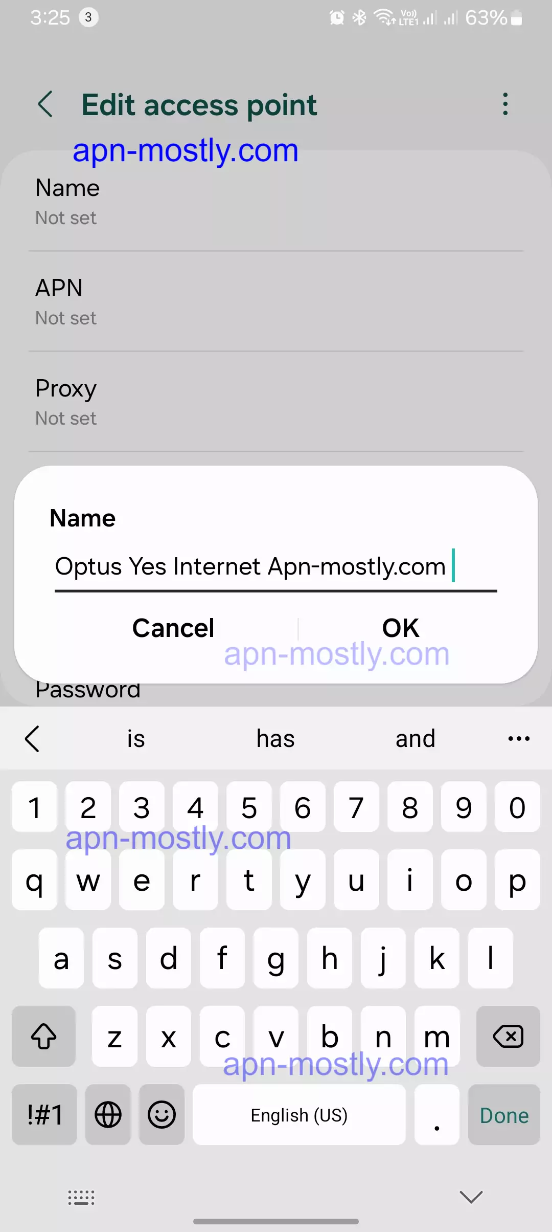 screenshot of naming the optus apn settings