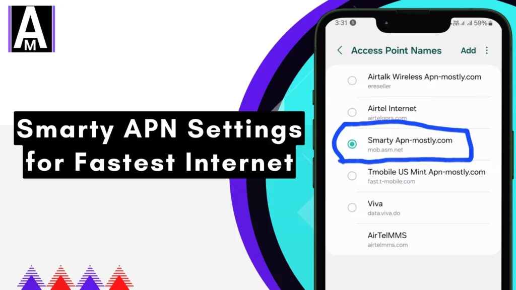 screenshot of smarty apn selected and highlighted with overlay text smarty fastest apn