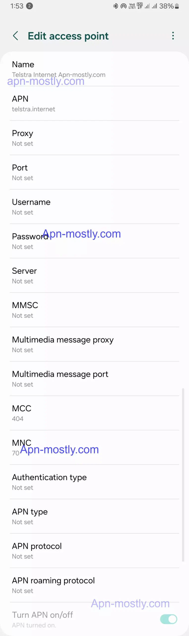 full long screenshot of telstra internet configuration