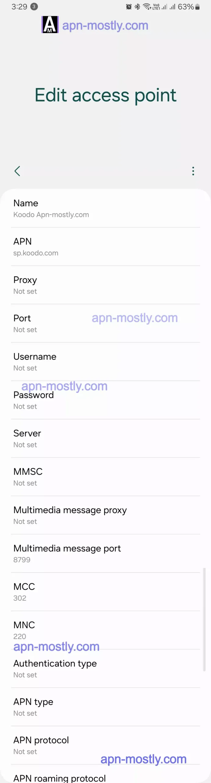 full screenshot of koodo apn