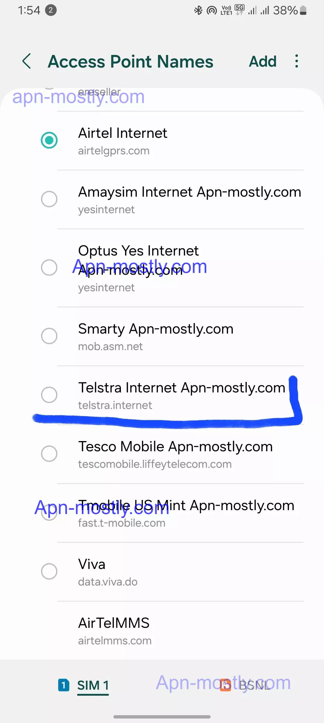 highlighted telstra internet from access point names menu