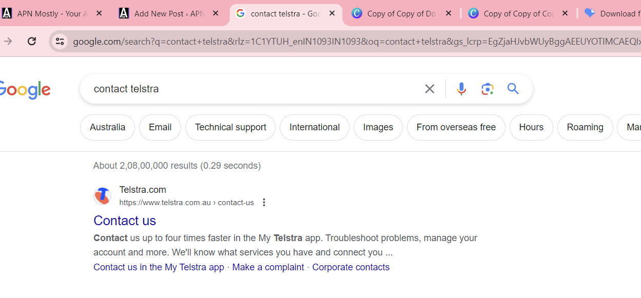 screencapture of searched for contact telstra from google