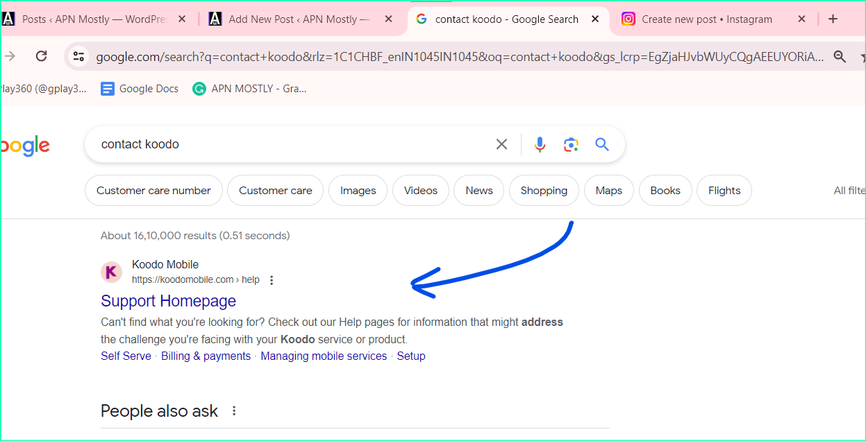 screenshot of koodo mobile website contact searched on google