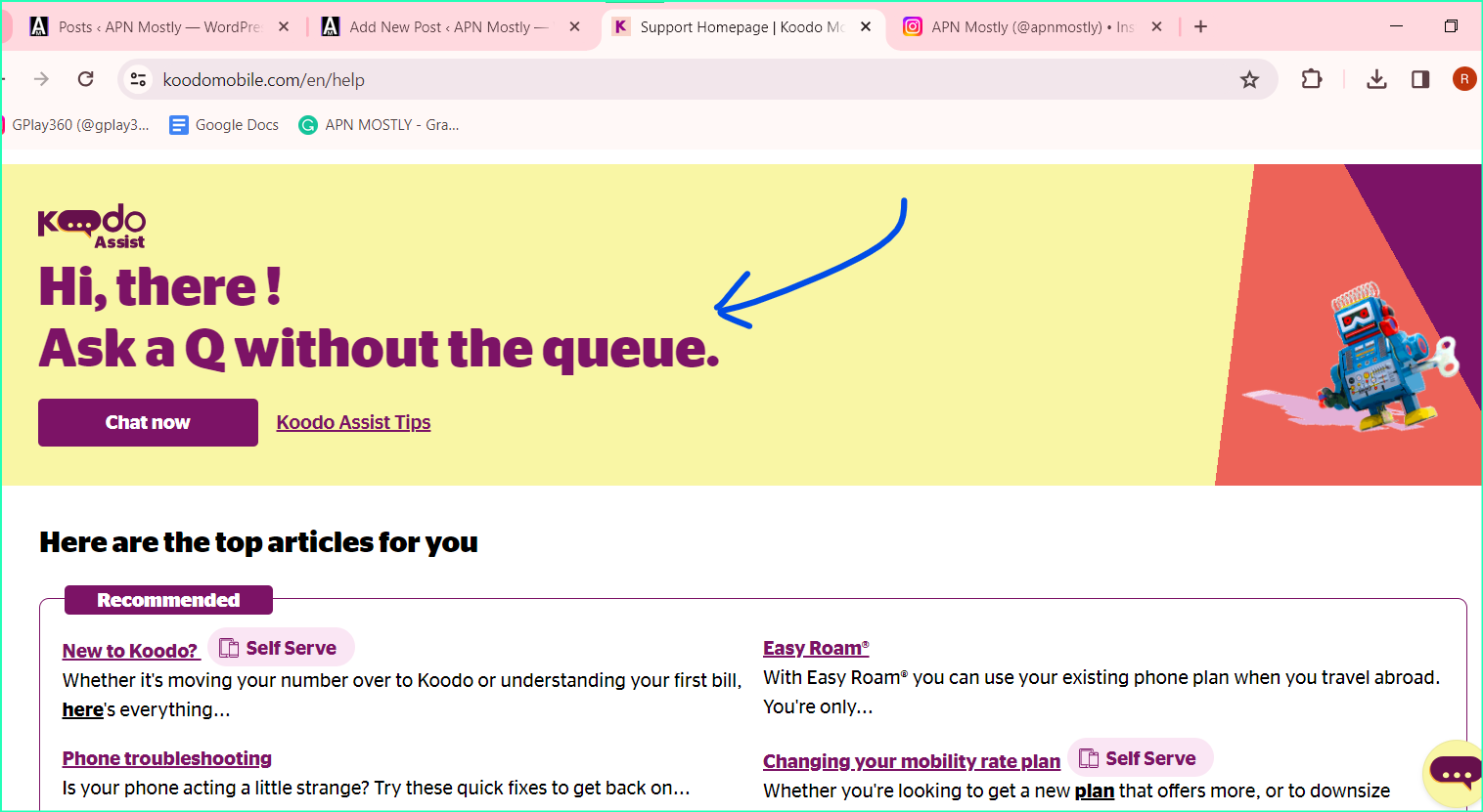 screenshot of koodo assist contact page
