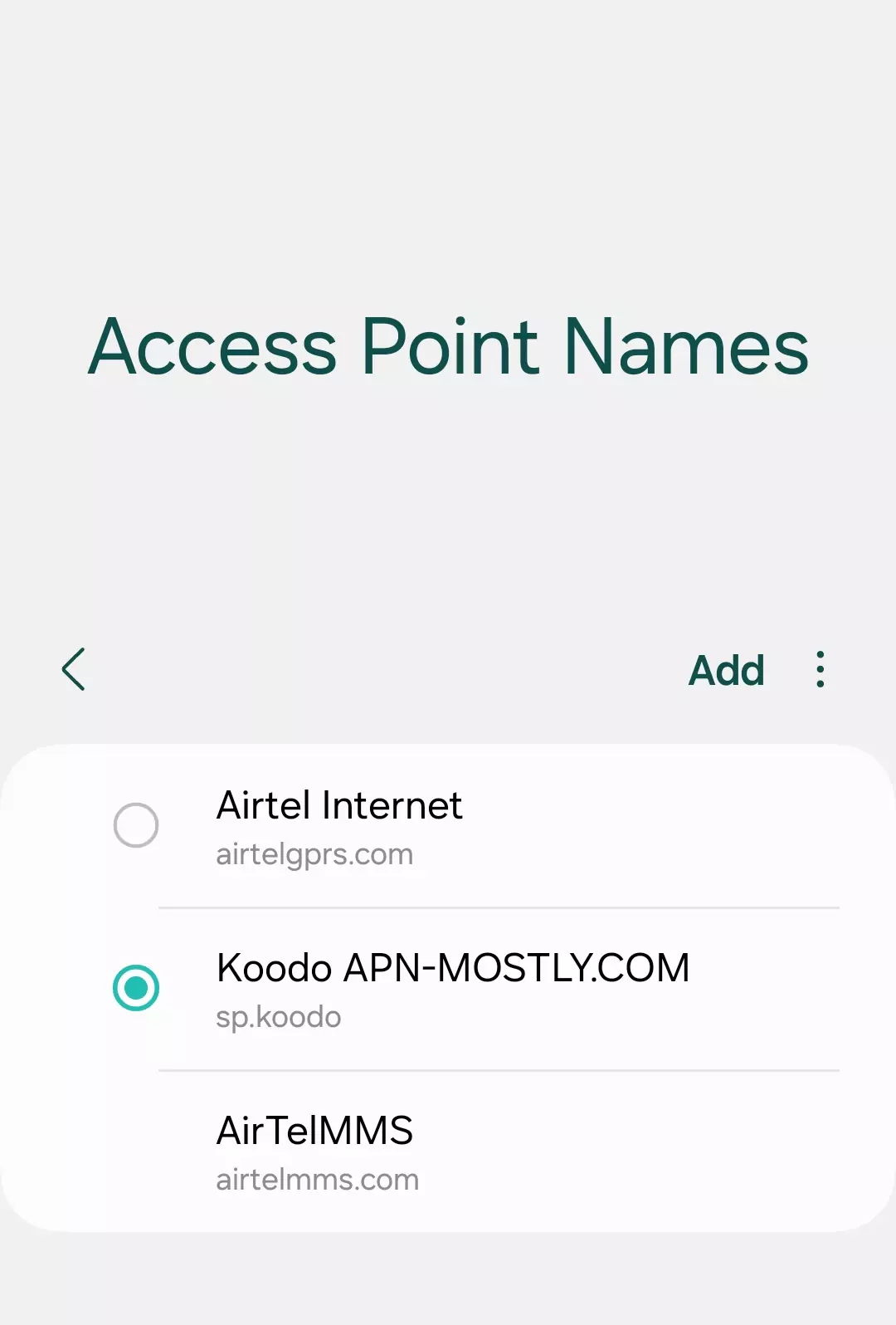 koodo apn mostly internet settings screenshot from an android