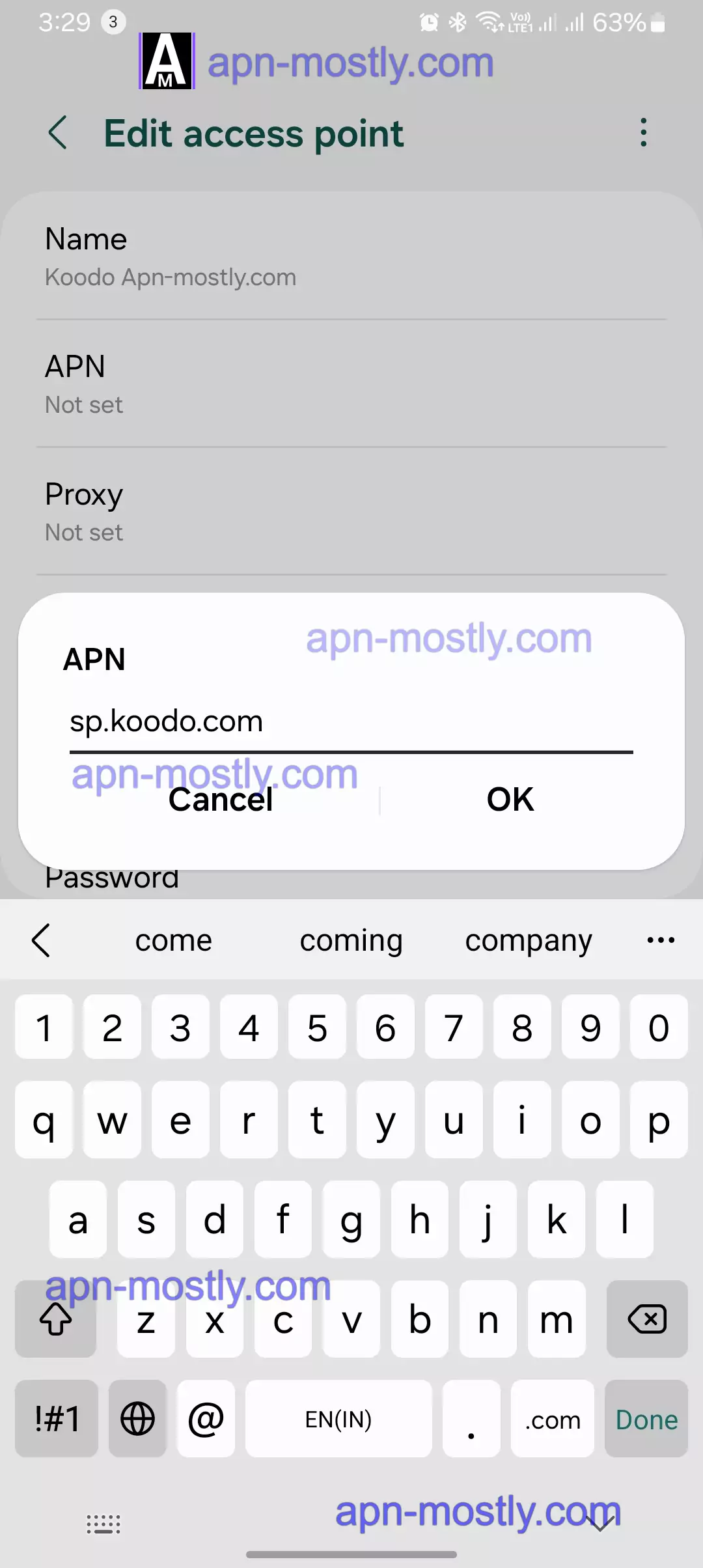 screenshot of adding the APN for koodo