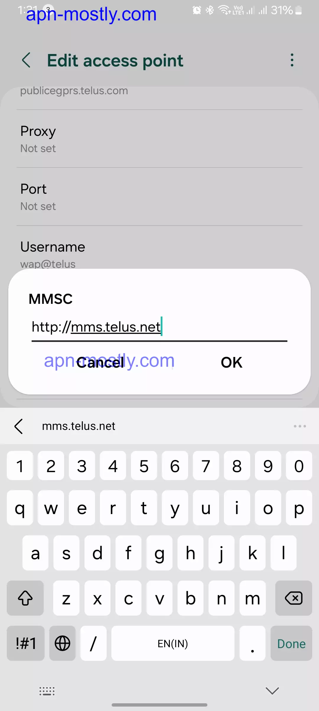 screenshot of adding the mmsc for telus