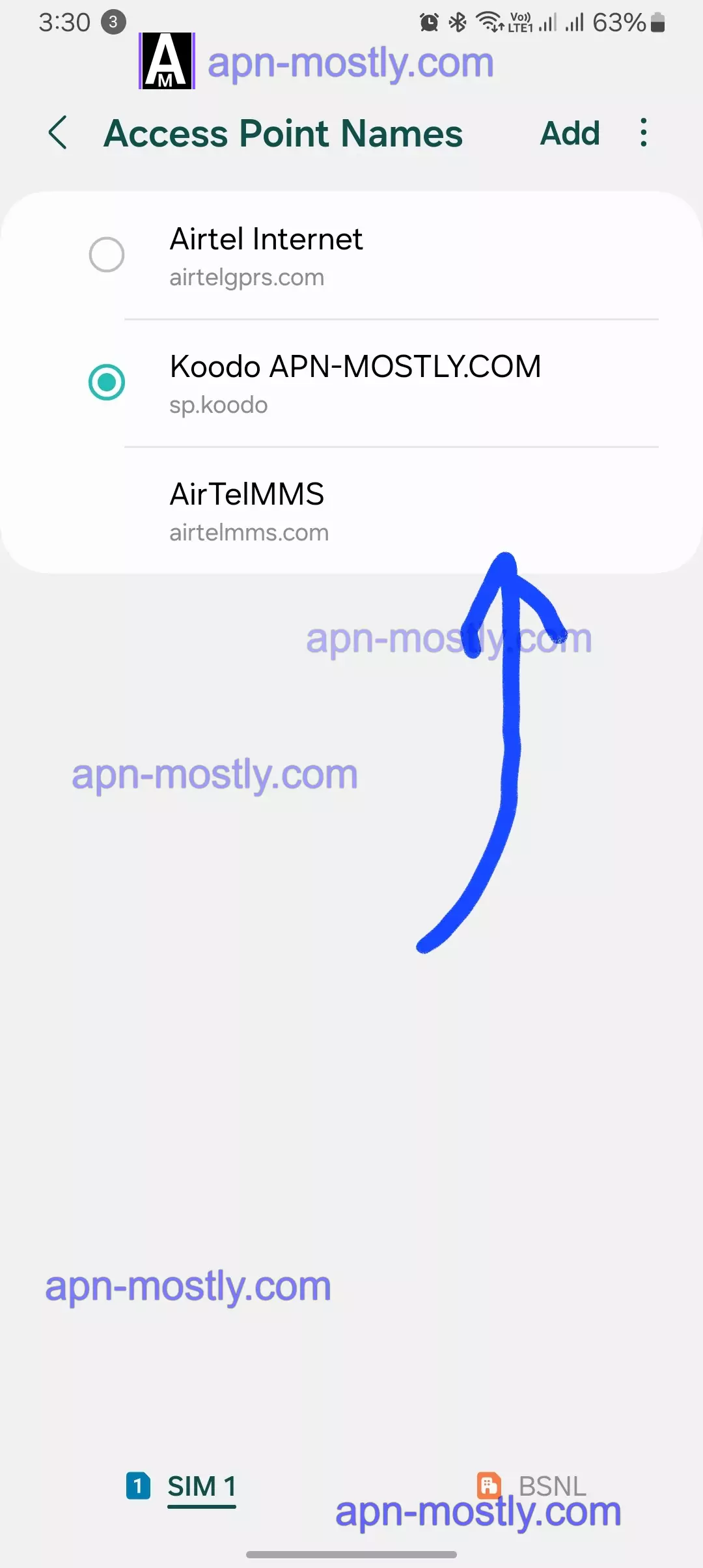 screenshot of koodo apn from the access point names highlighted