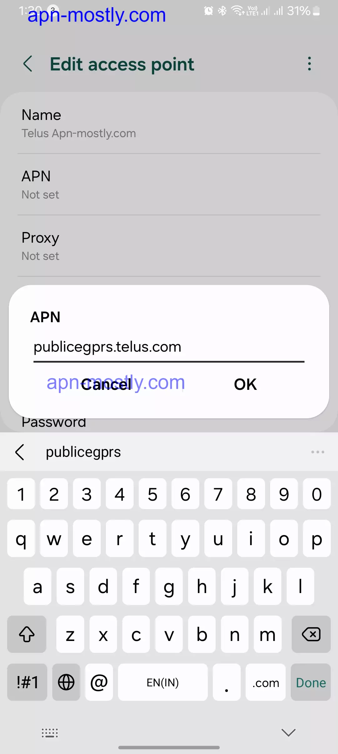 screenshot of setting up APN for telus