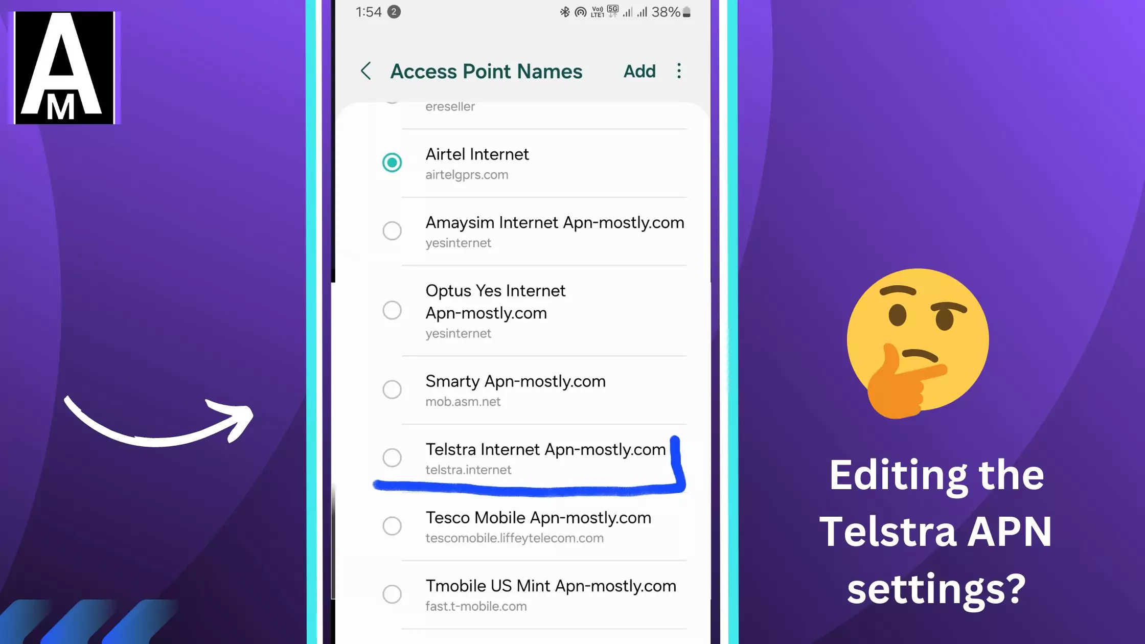 screenshot of telstra internet apn with thinking emoji and overlay text editing it