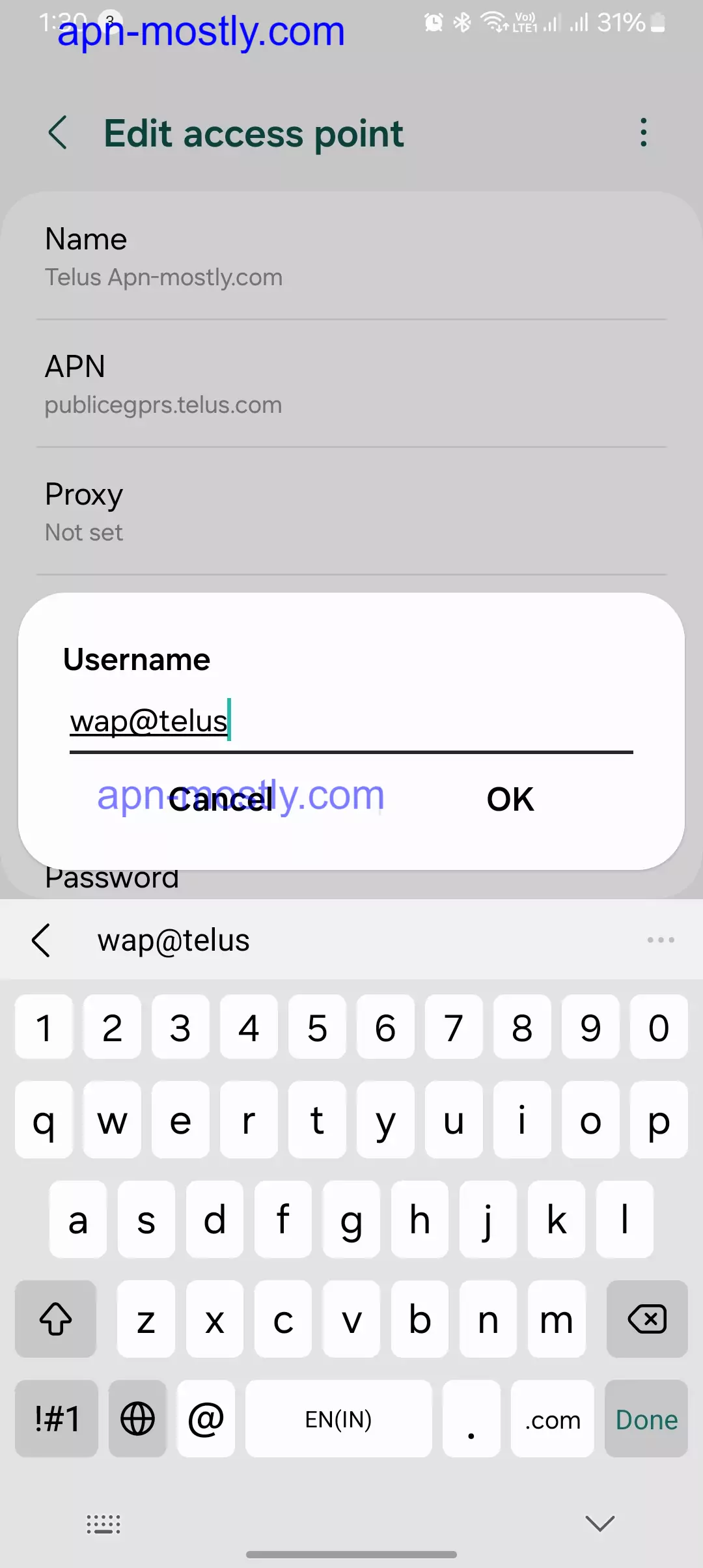 screenshot of username for telus internet