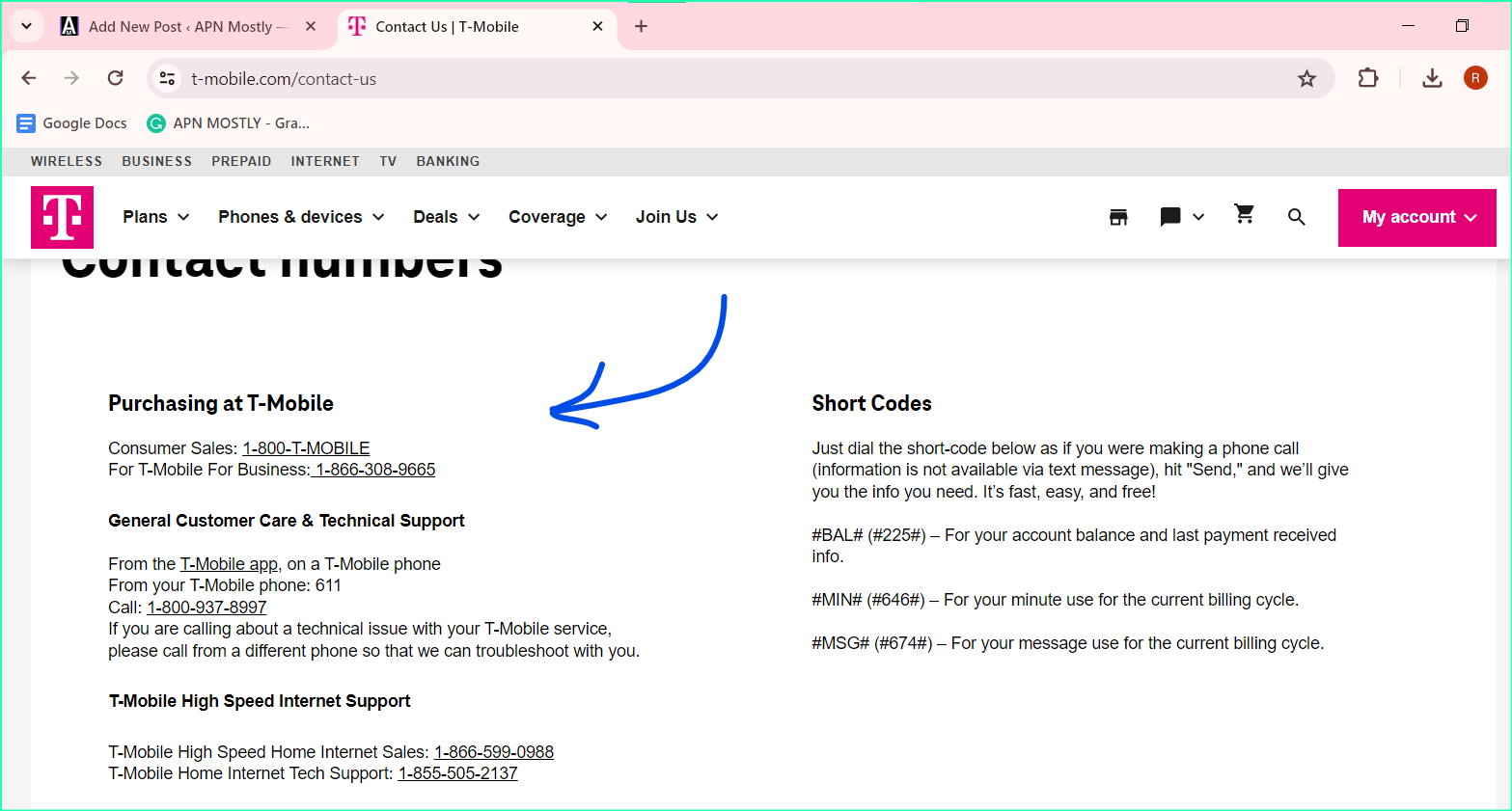 tmobile contact page screenshot