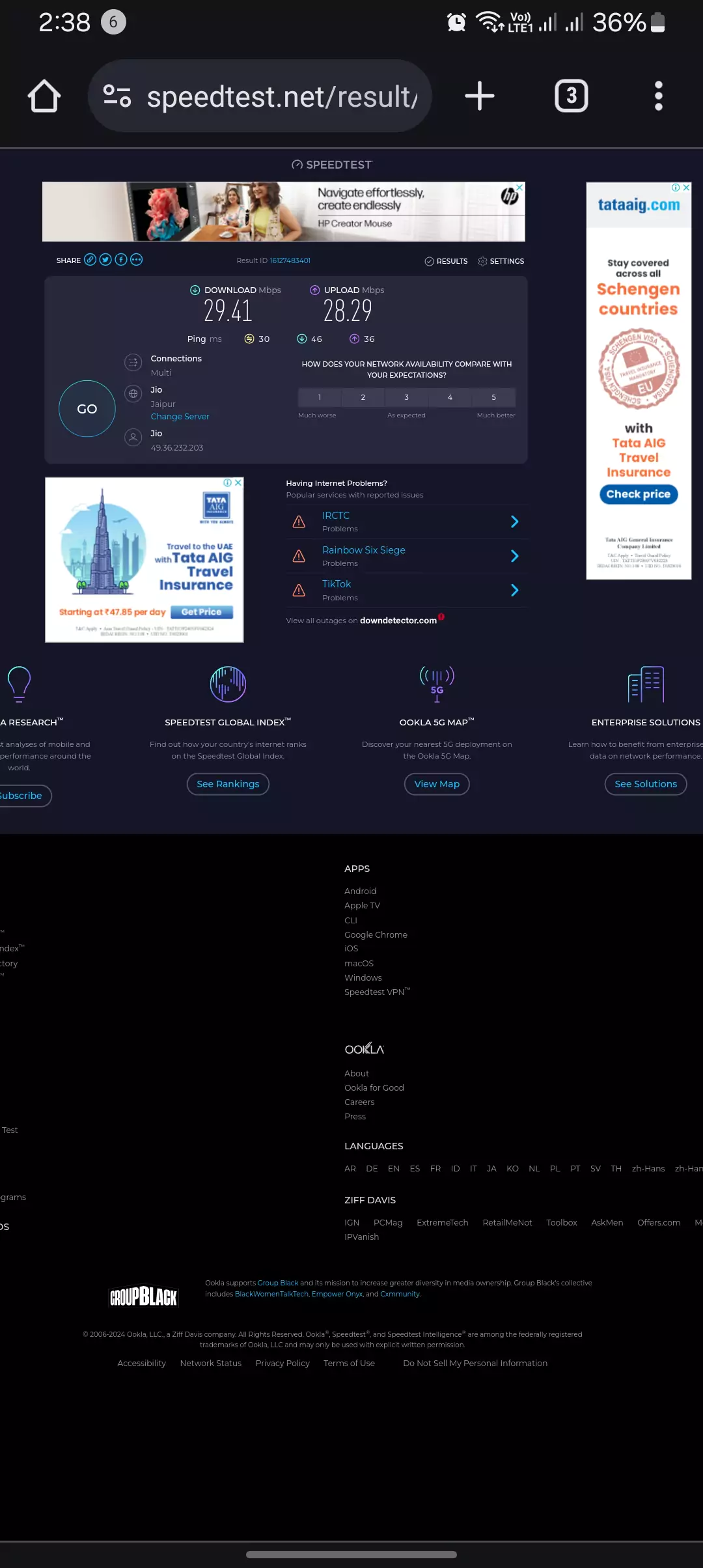 screenshot of speedtest done on desktop mode without VPN