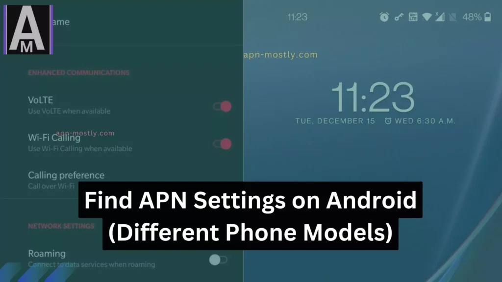 screenshots of android apn in background with overlay text Find APN Settings on Android