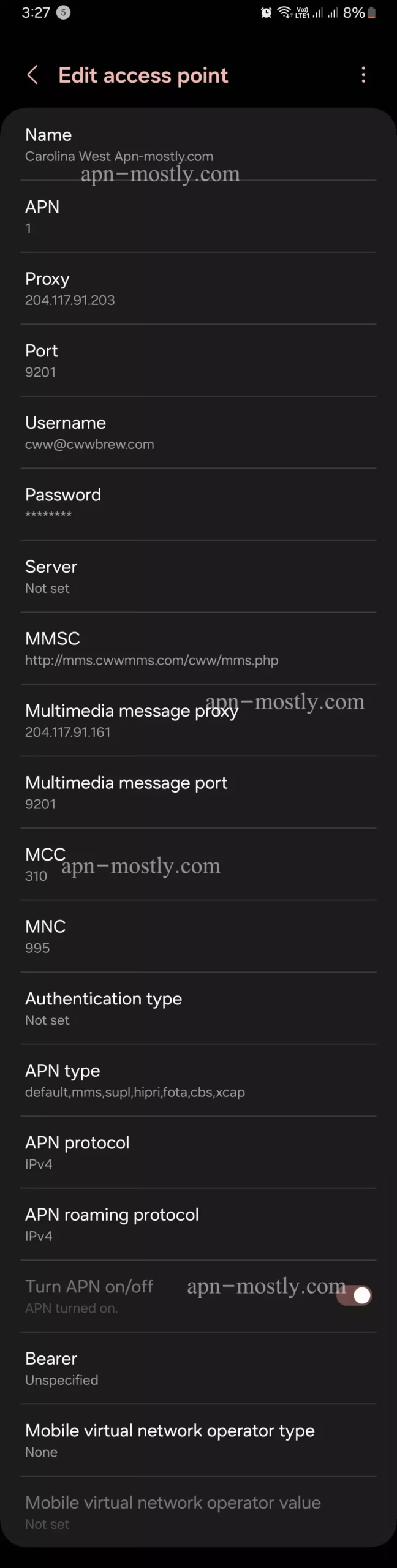 complete screenshot of carolina west internet settigns