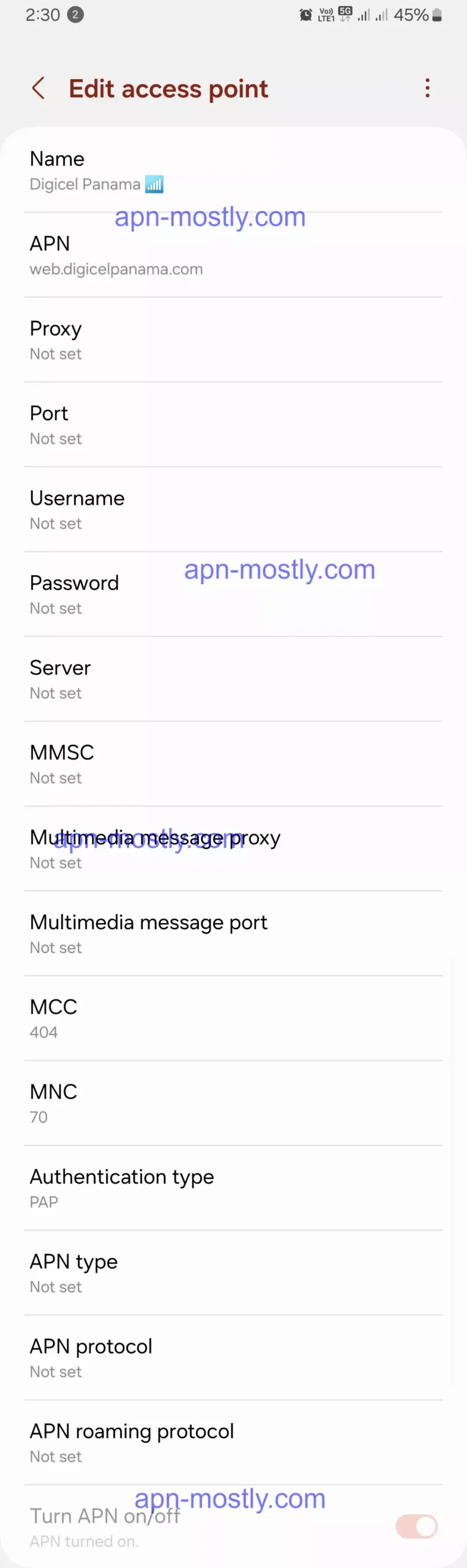 full screenshot of digicel configured internet settings