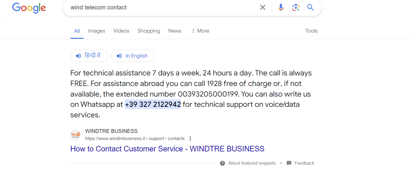 screenshot of wind telecom contact information searched from google