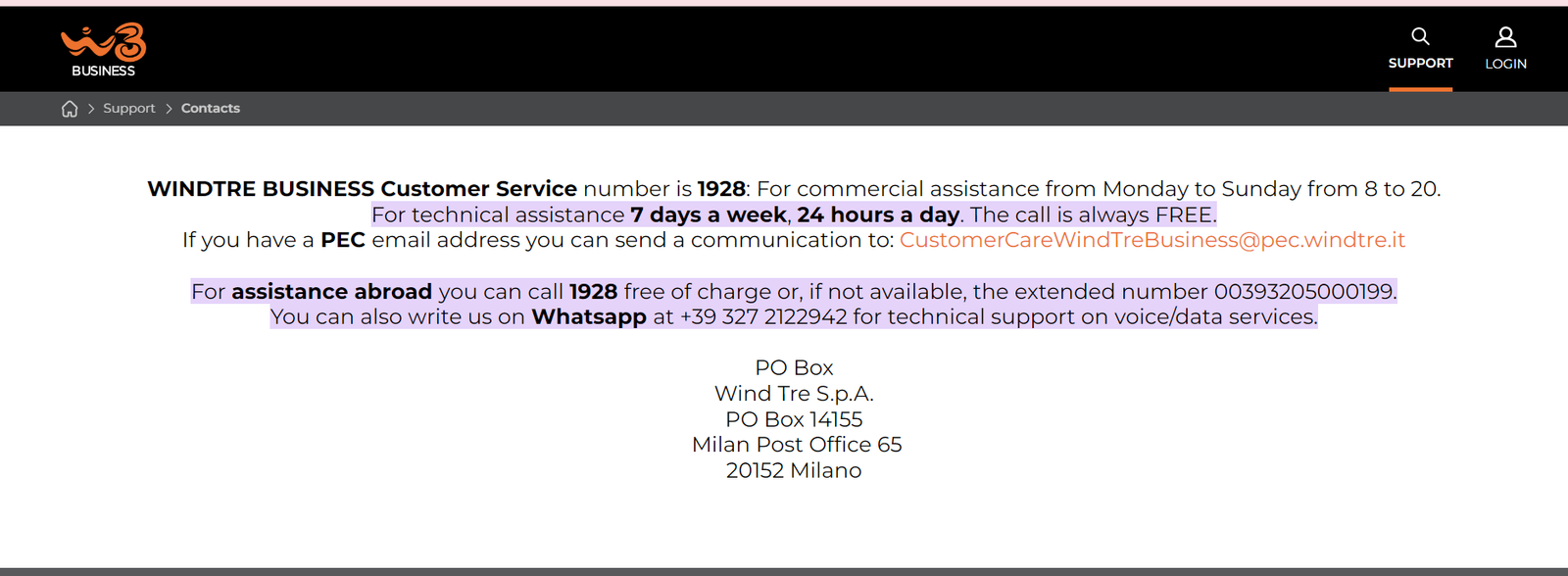 screenshot of wind telecom contact us page with numbers highlighted