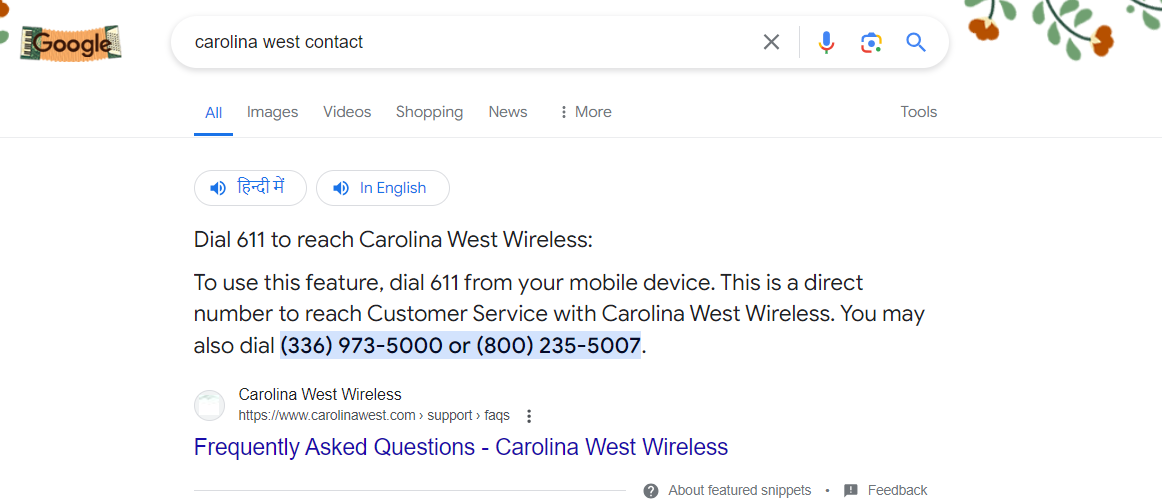 screenshot from google for carolina west contact details