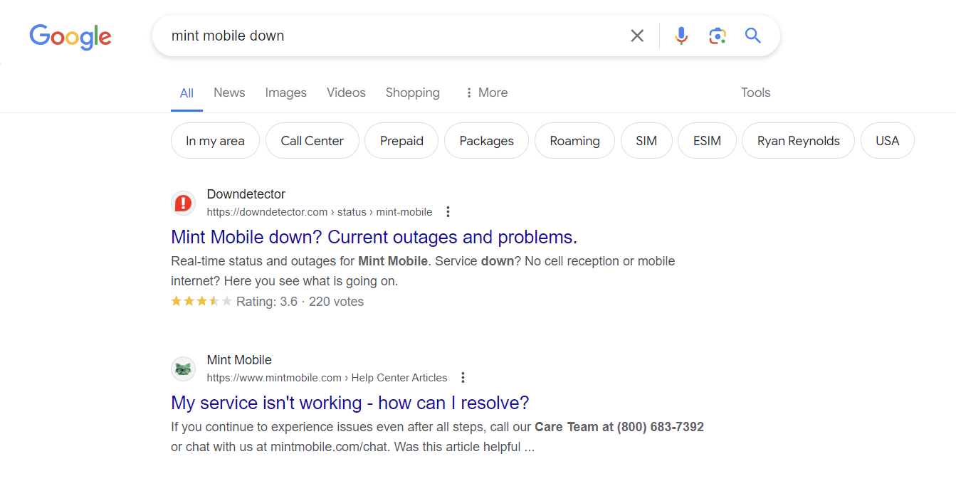 screenshot of google searched mint mobile down
