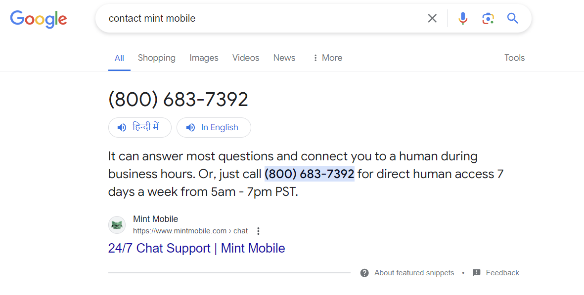 screenshot of google searched mint mobile contact