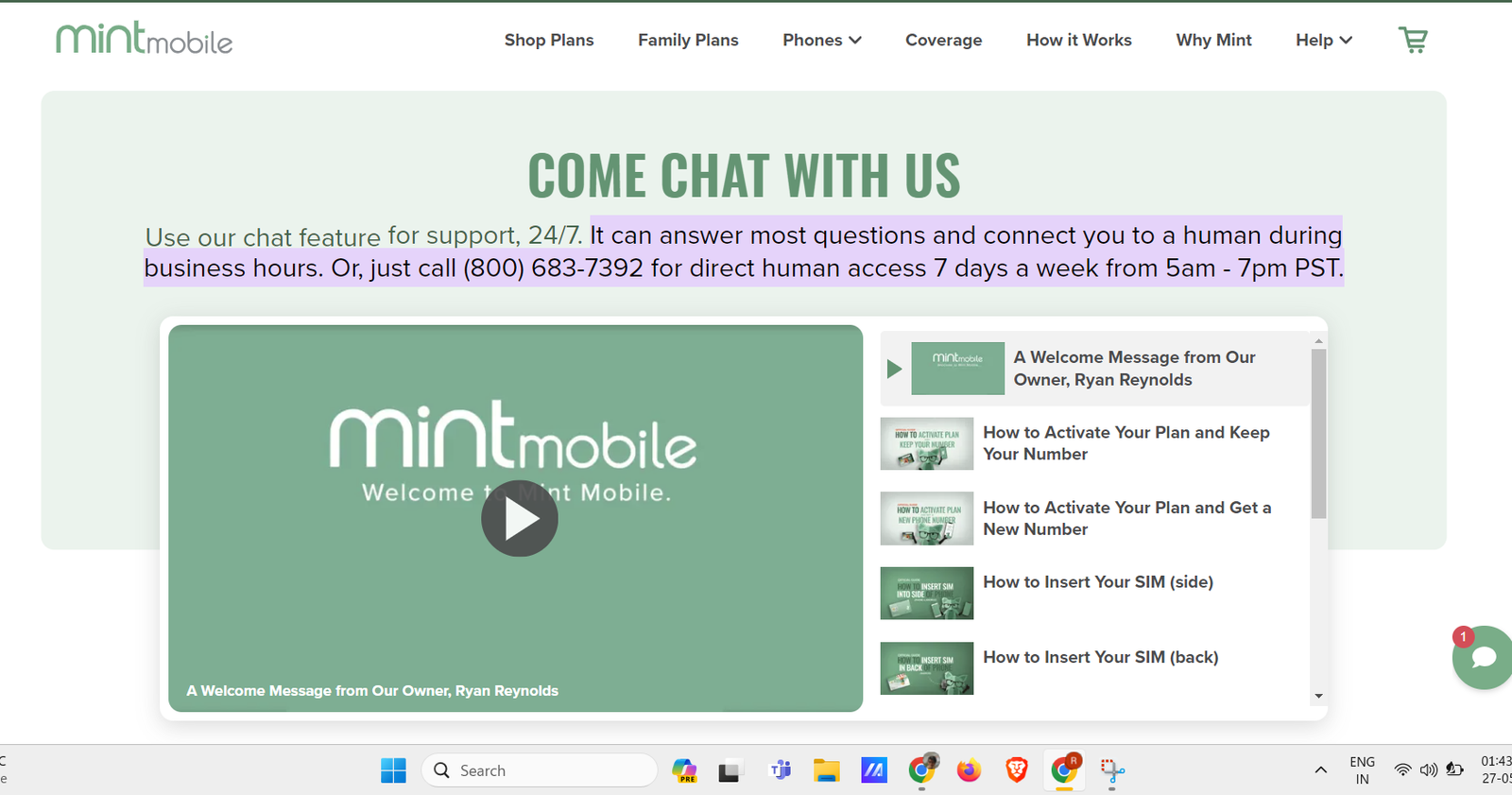 screenshot of mint mobile contact us page with mobile number highlighted
