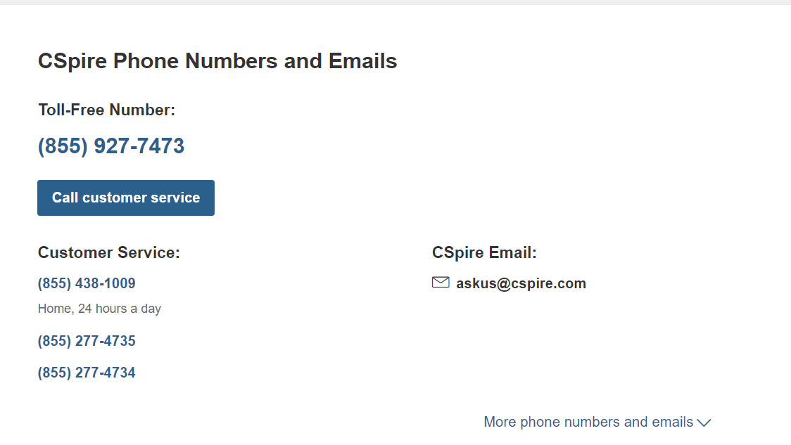 screenshot of contact information of Cspire