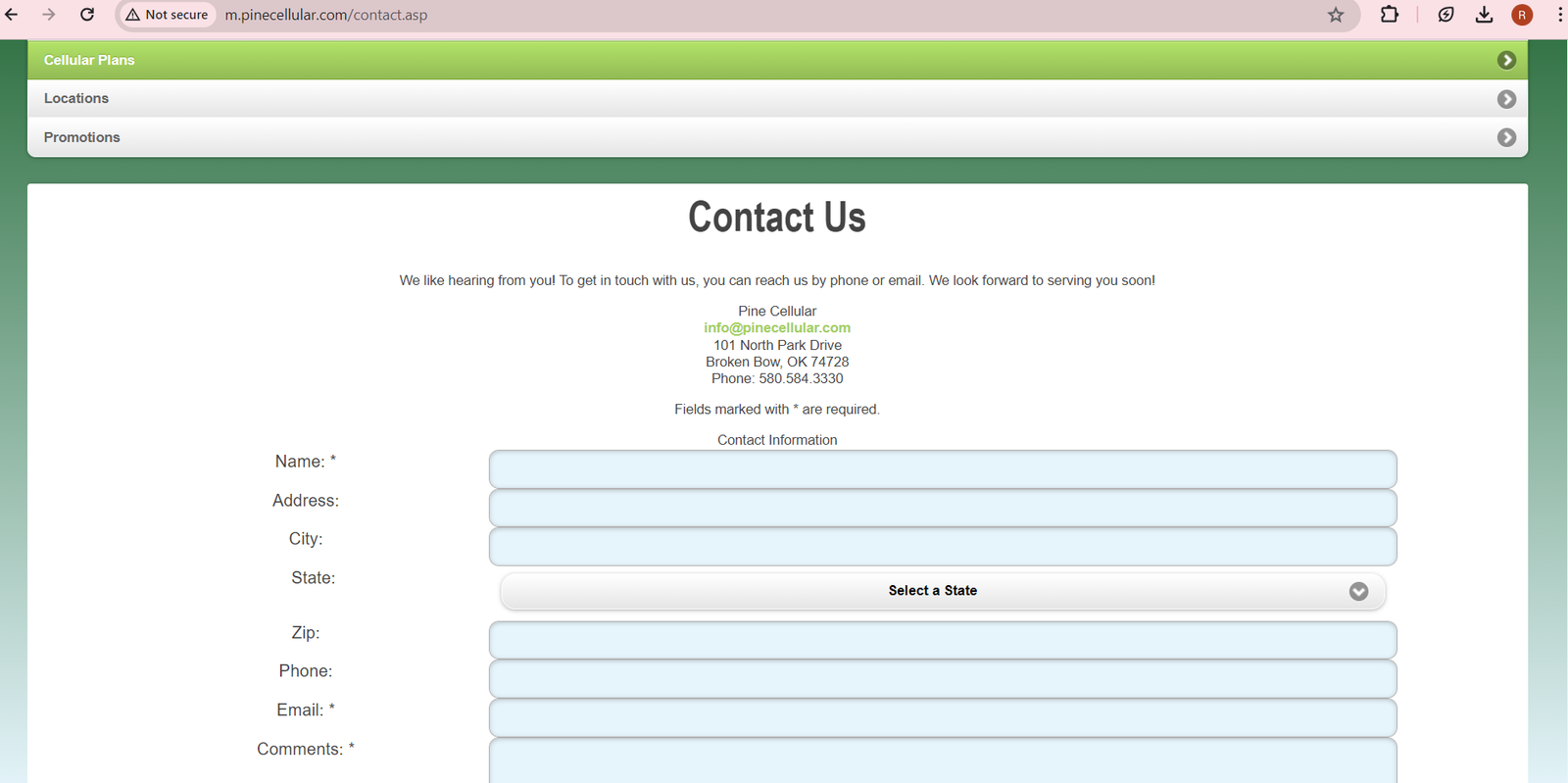 screenshot of contact us page from the pinecellular with forum