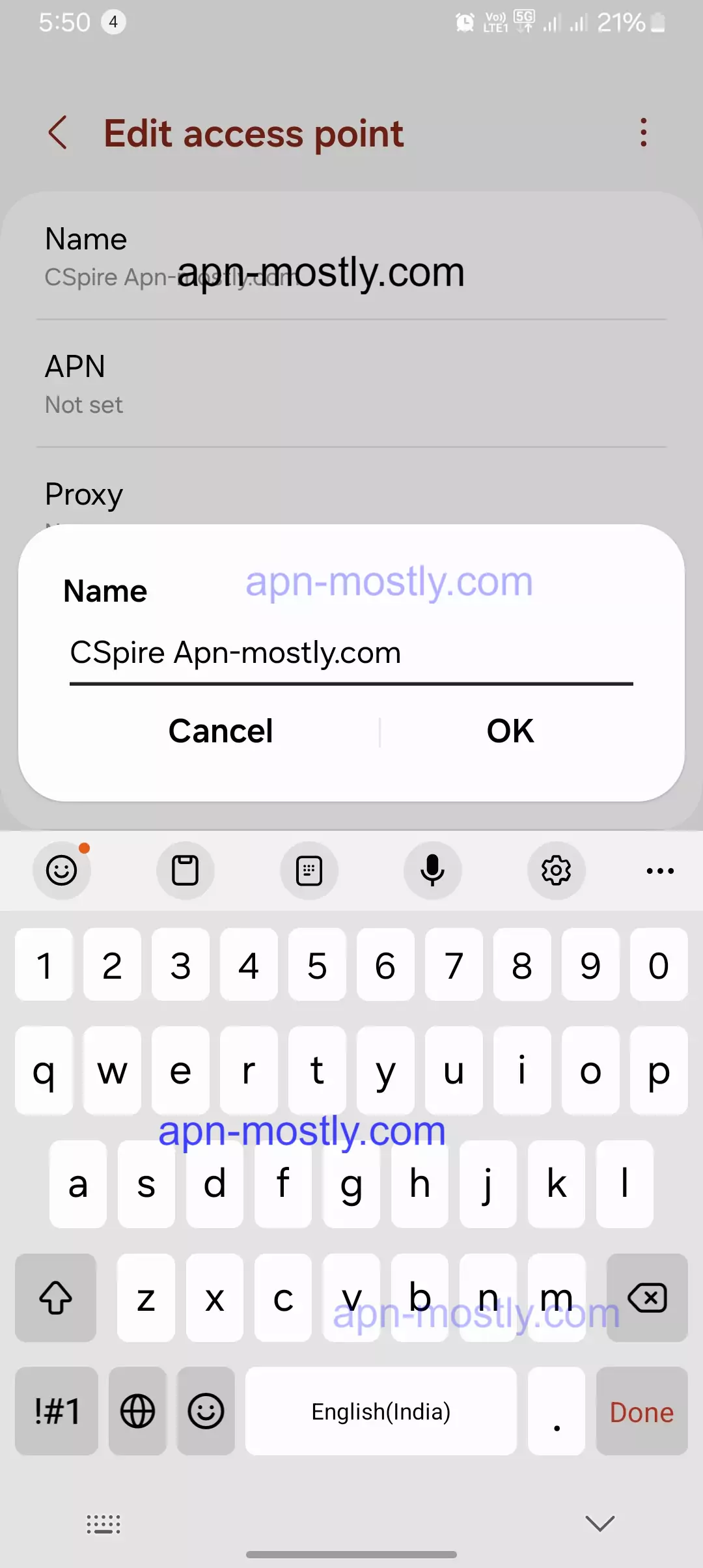 screenshot of naming internet configurations for CSpire Wireless