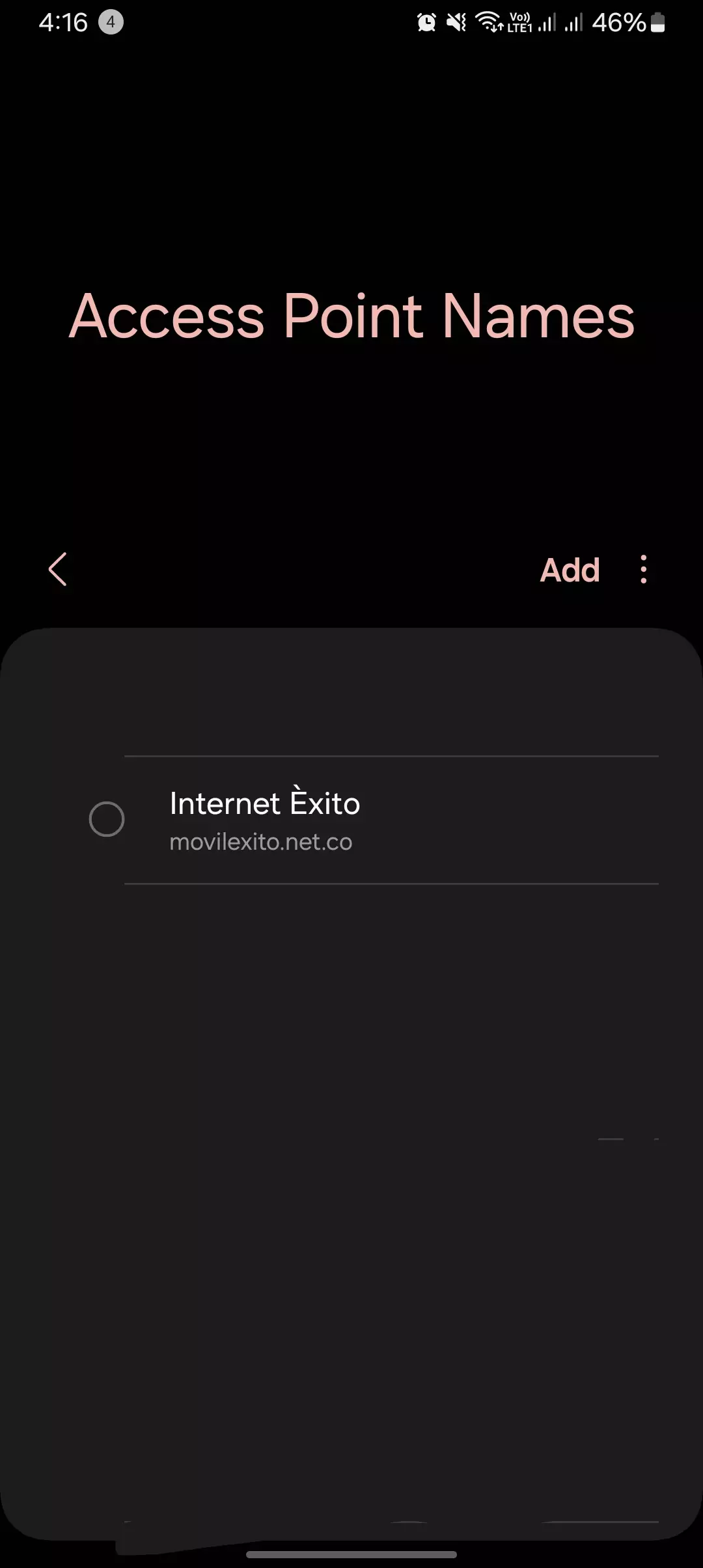 screenshot of access point names with Móvil Éxito