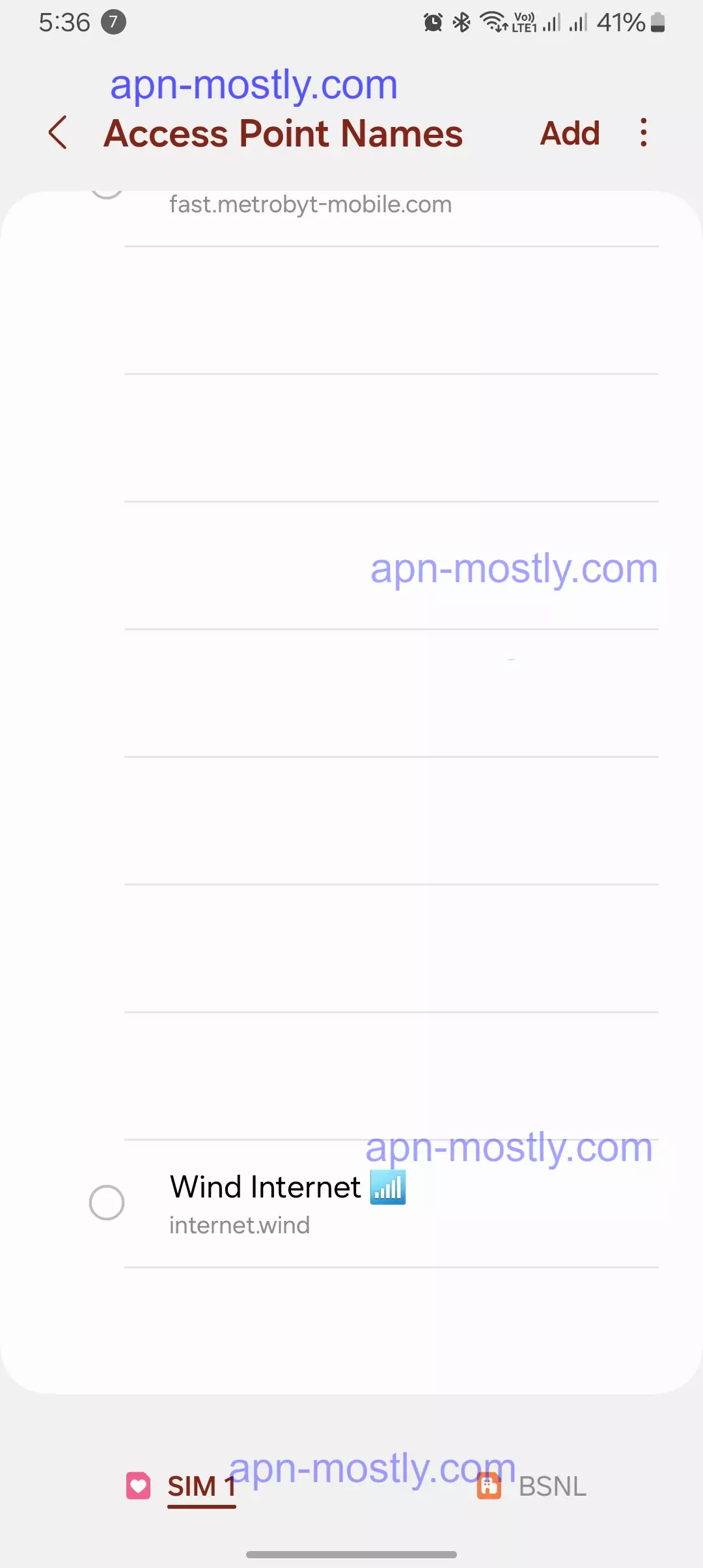 screenshot of access point names with wind internet