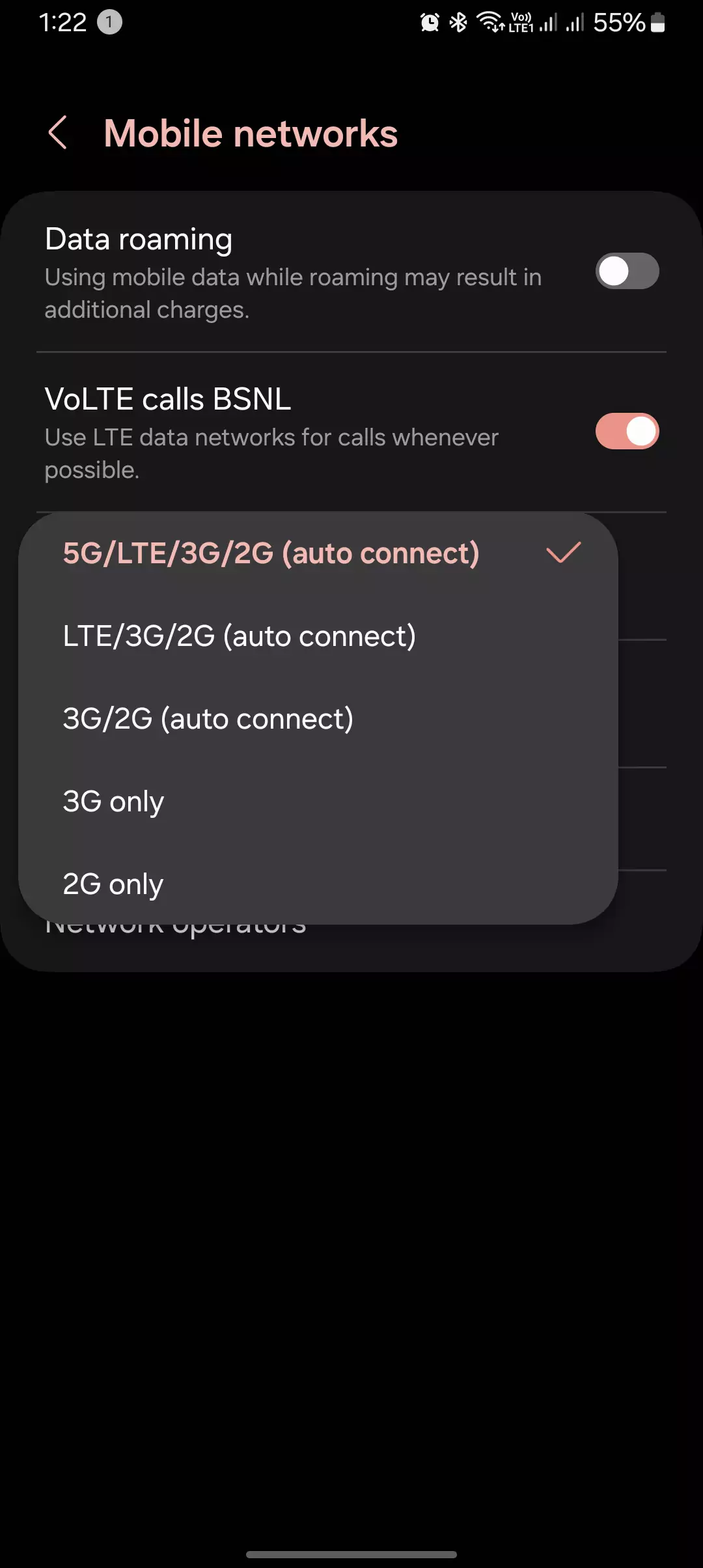 screenshot of mobile networks with lte 4g 5g 3g etc