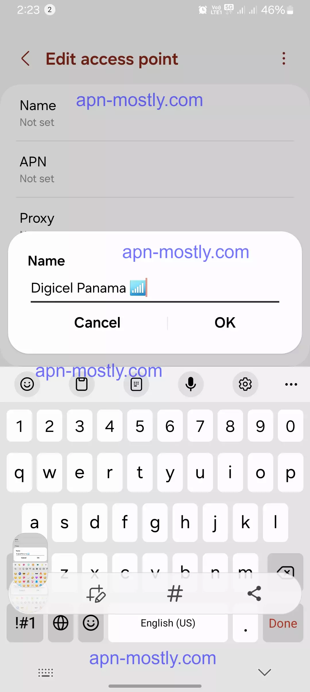 screenshot of naming the apn for digicel panama