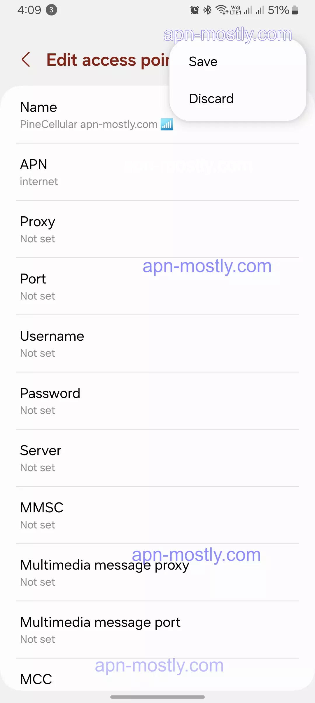 screenshot of savin the pineceullar for intenret settings
